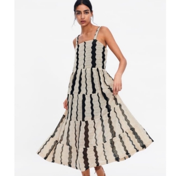 Zara Elegant Striped Beige and Black Dress Small - Picture 2 of 6
